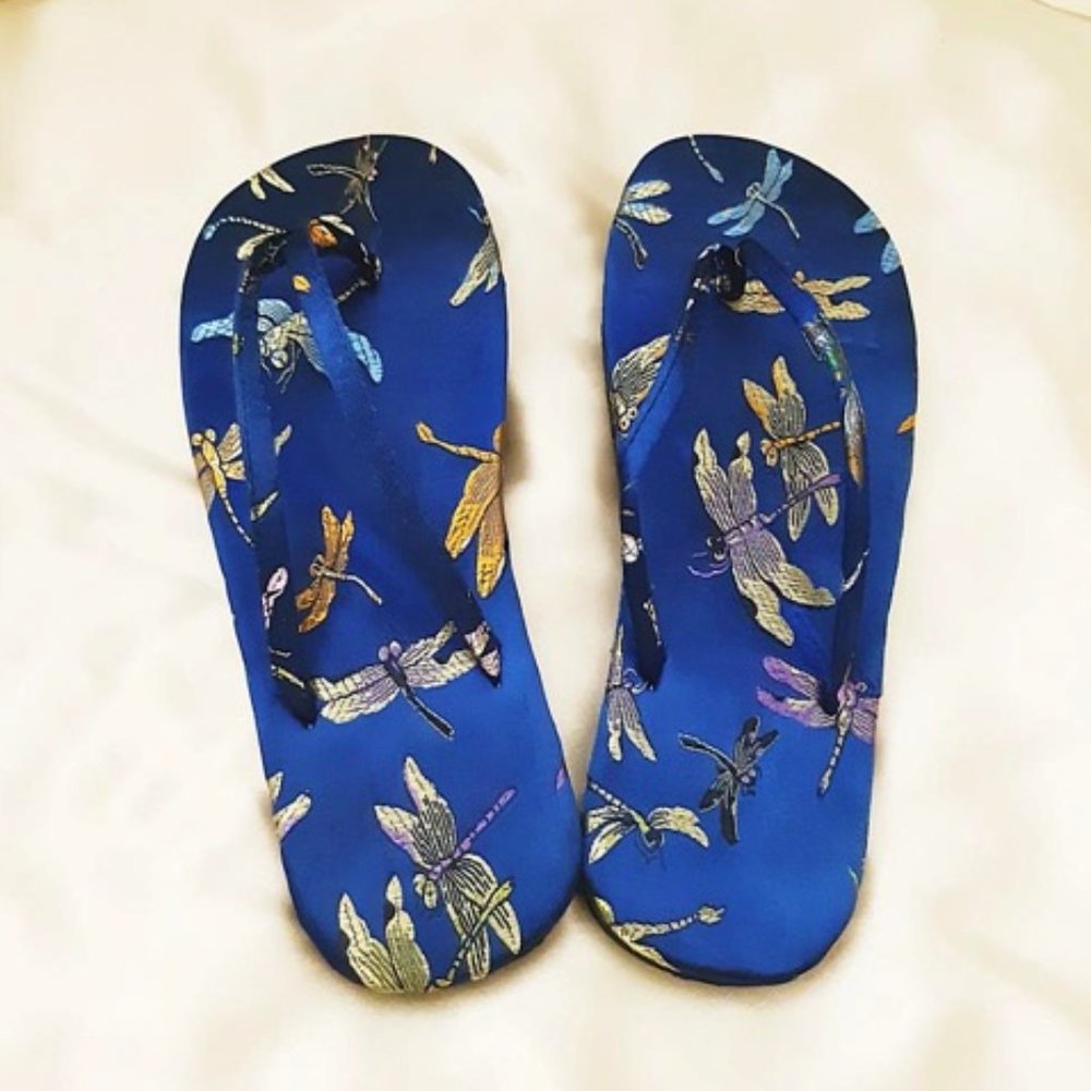 Satin BLUE Woven Dragonfly Open-Toe Flip Flops (S)